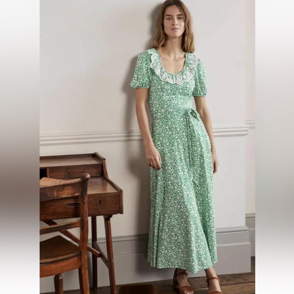 Boden Trim Detail Jersey Dress Rich Emerald Wildflower Sprig Sz 6P